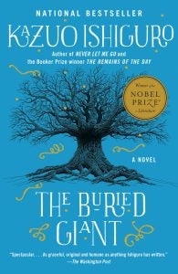 A bright blue book cover with a tree on it and the title "The Buried Giant"