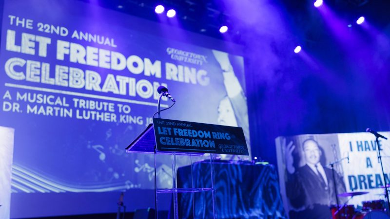 A podium with Let Freedom Ring branding on stage