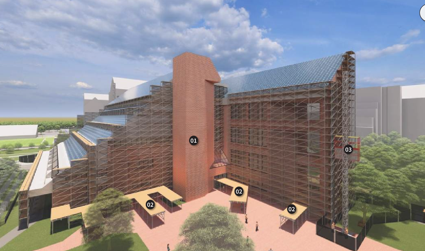 Construction rendering of the ICC showing scaffolding covering the entire building, as well as covered pedestrian entrances.