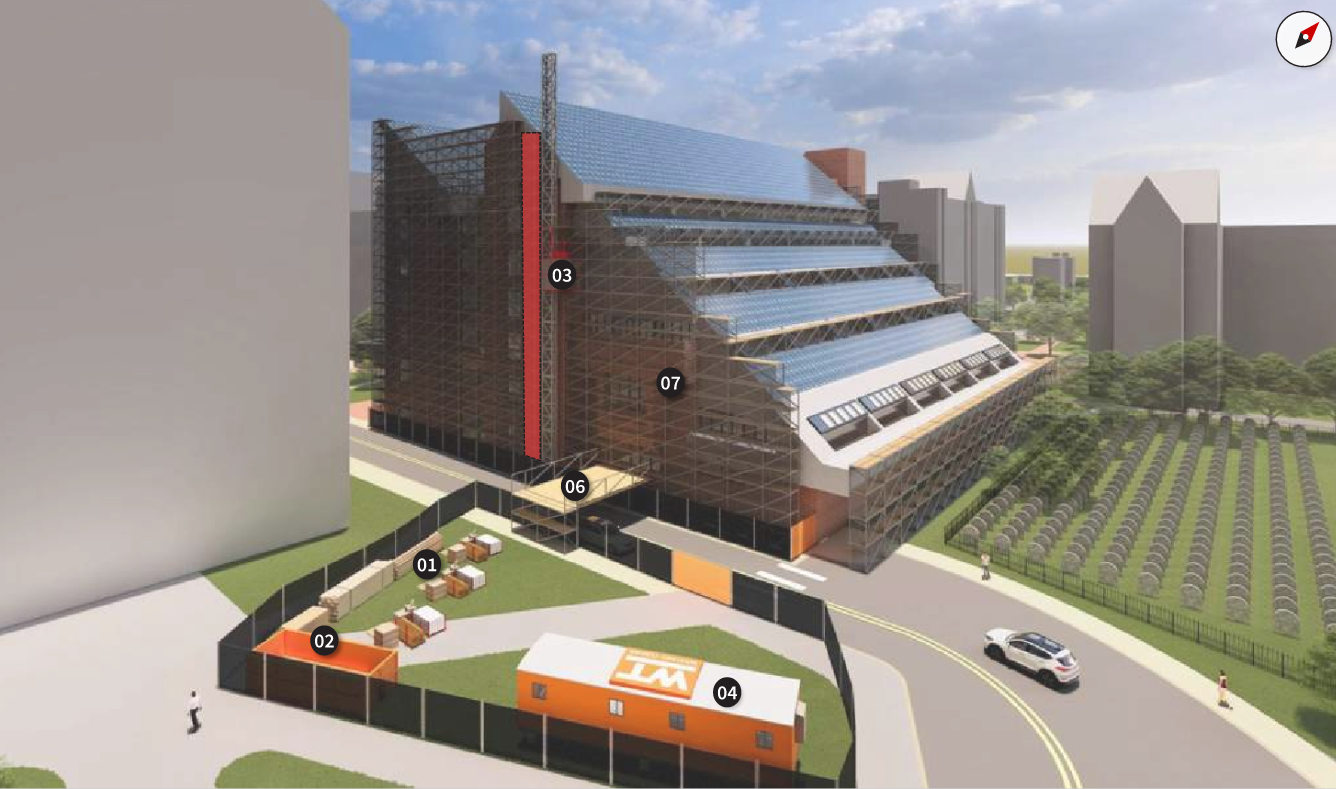 Construction rendering of the backside of the ICC facing Regents Hall. Scaffolding covers this side of the building, and construction staging is shown on the lawn in front of Regents.
