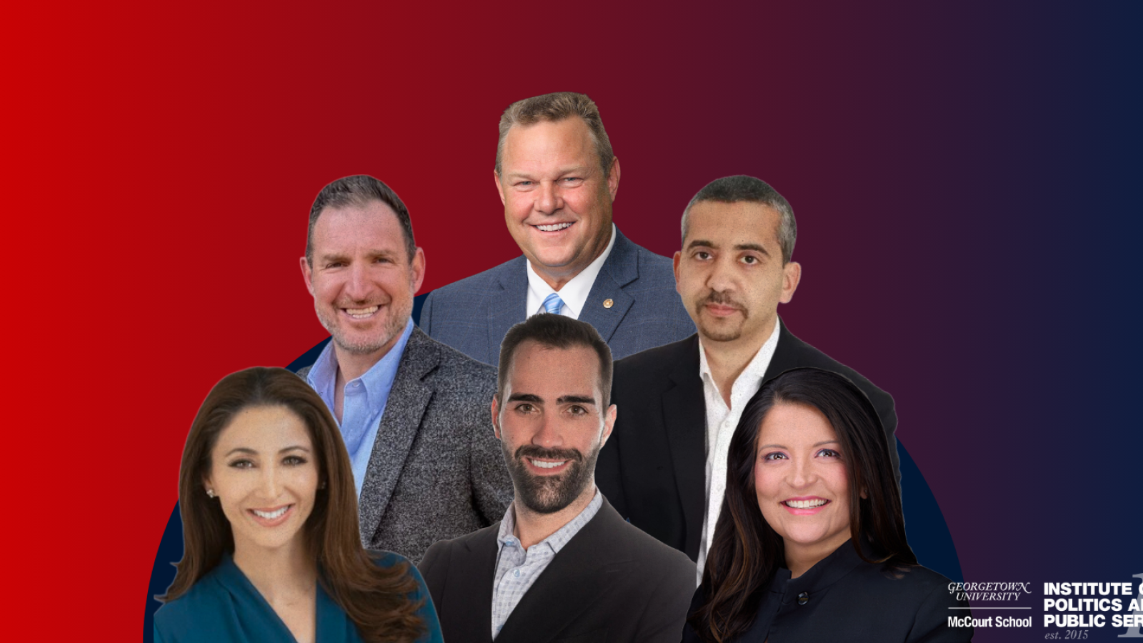 A group of men and women in front of a red and purple background