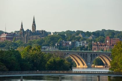 Georgetown's skyline from the Potomac River and the Key Bridge