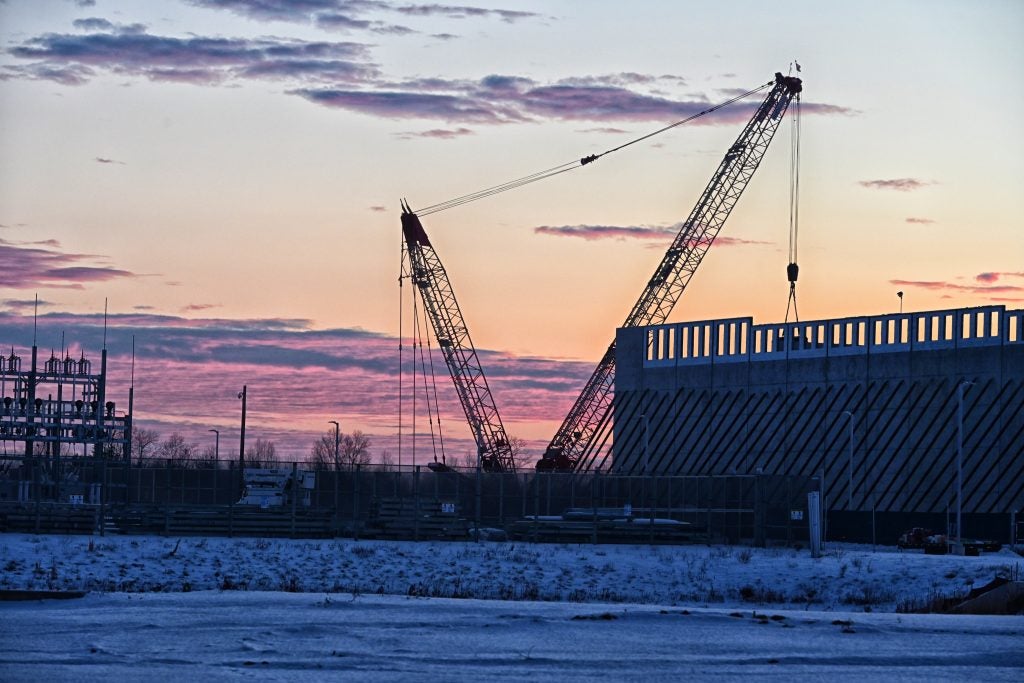 Construction at a data center at sunrise in the winter