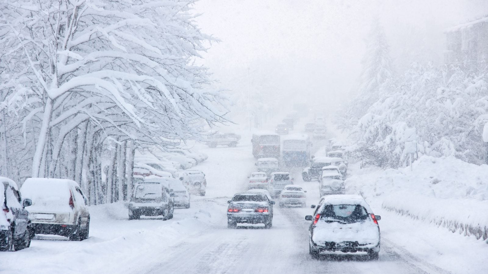 Cars drive on a snowy road during a blizzard