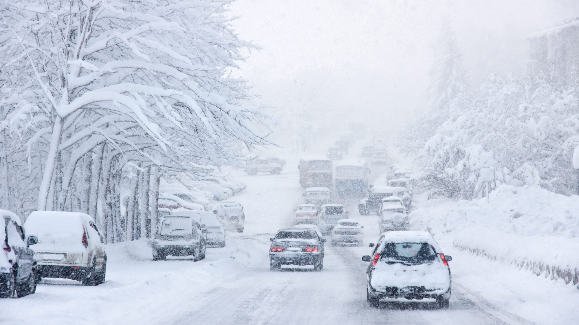 Cars drive on a snowy road during a blizzard