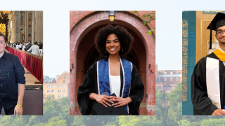 Three headshots of graduates with Georgetown's skyline behind them