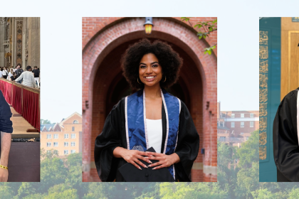 Three headshots of graduates with Georgetown's skyline behind them