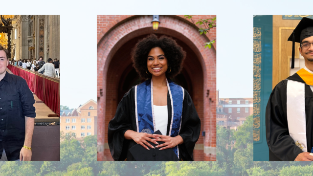 Three headshots of graduates with Georgetown's skyline behind them