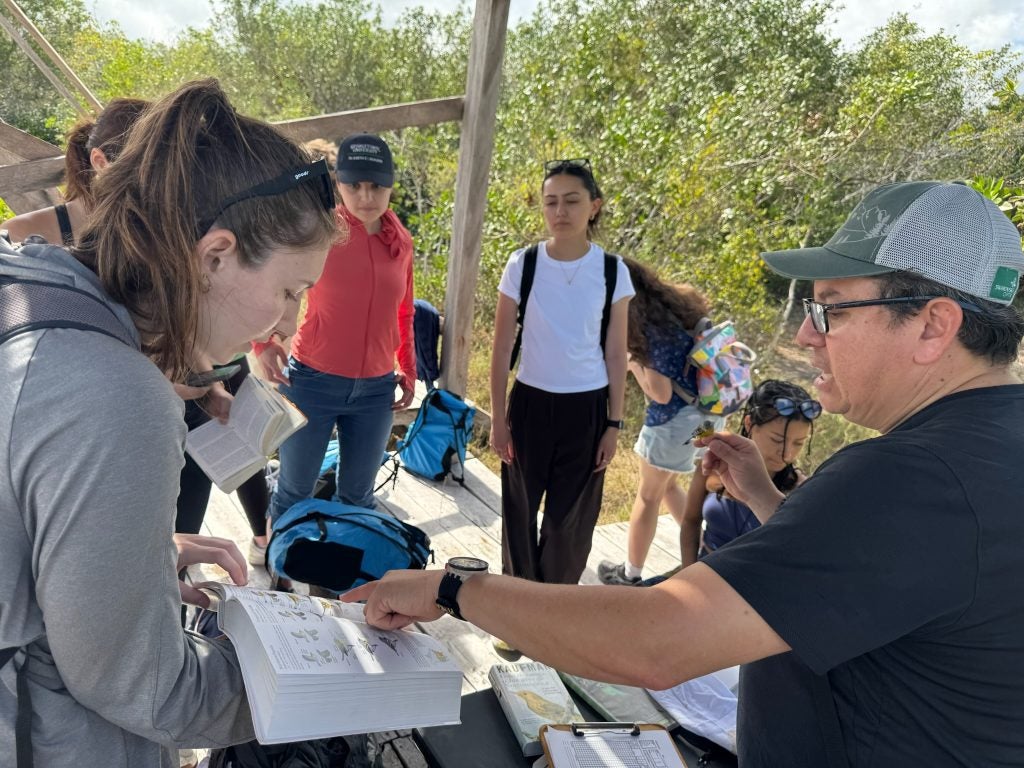 Students interacting with a textbook outside