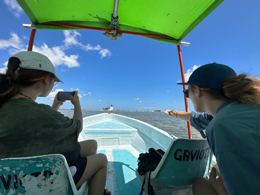 Two young woman on a boat takes a photo of a bird while on the water