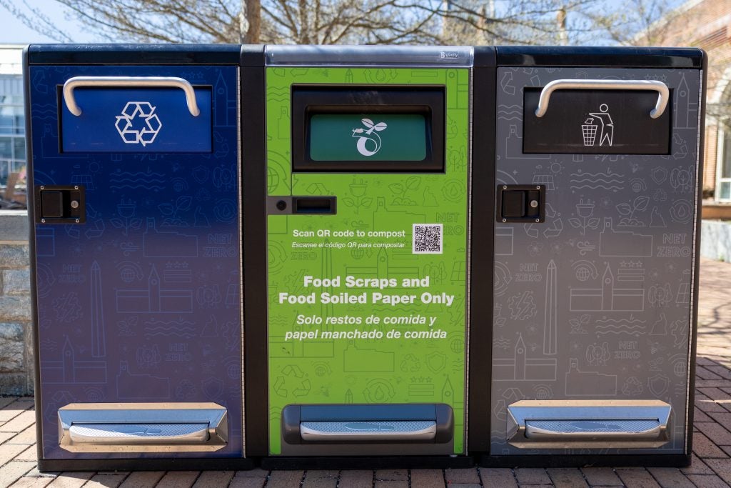 Waste bins on a sunny day on campus