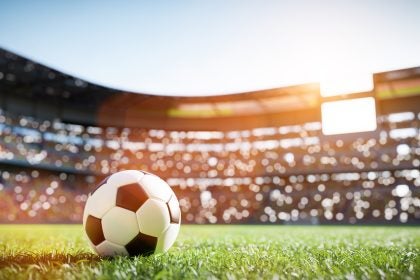 A close-up of a soccer ball in a stadium