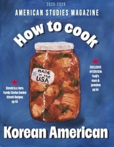 A blue cover of a food magazine with a painted bottle of kimchi. Around it says "How to cook Korean American"