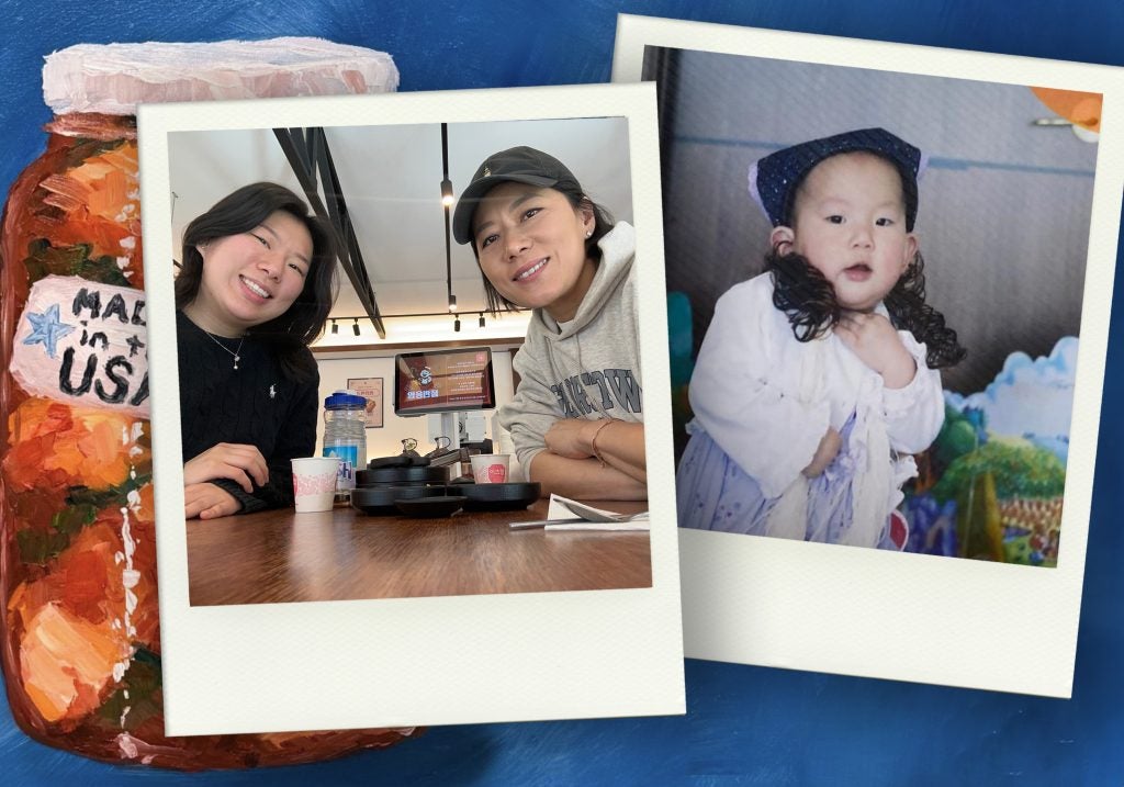 A graphic of two Polaroids of a mother and daughter and of a young child next to a bottle of kimchi