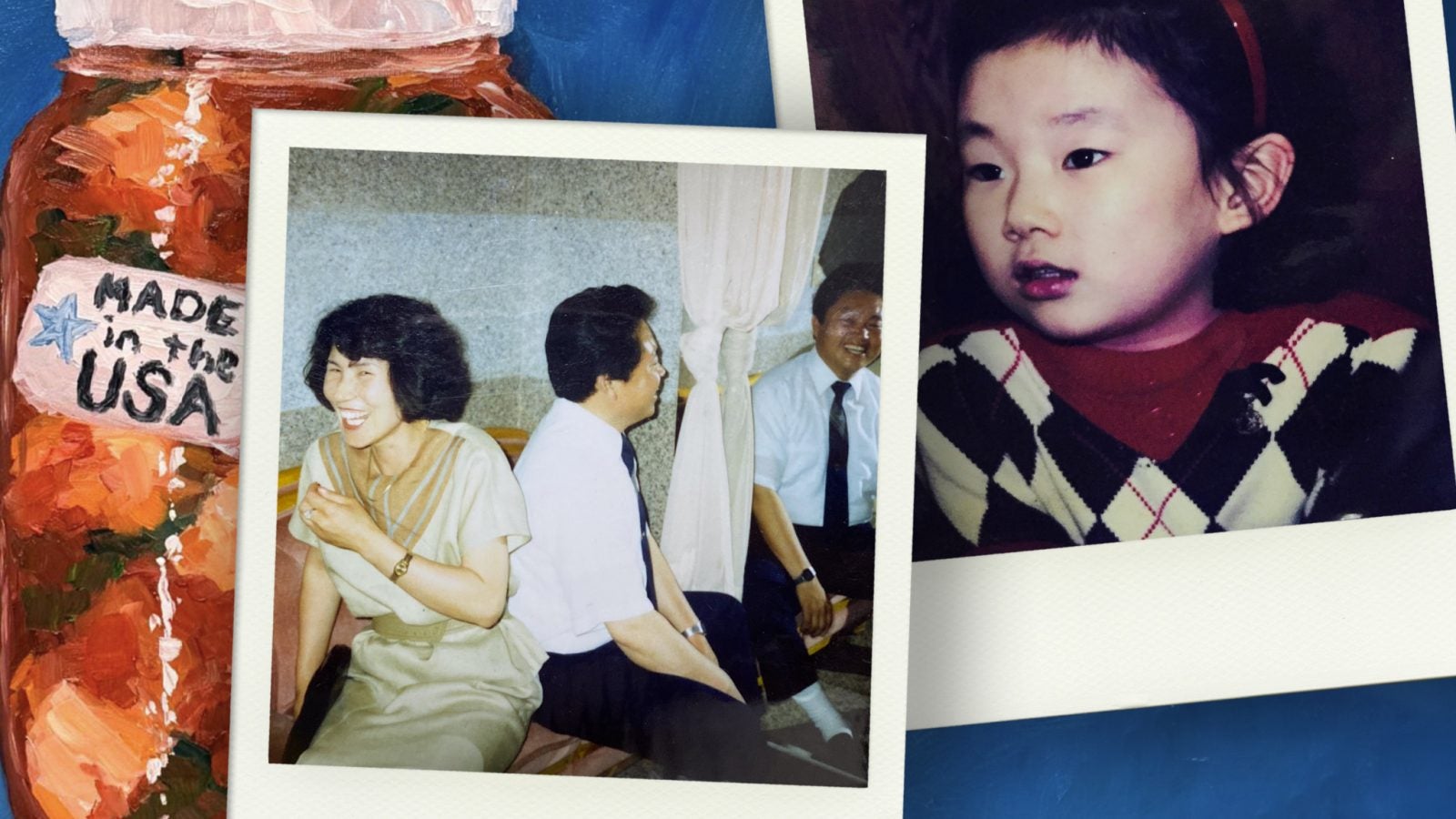 A graphic of a bottle of kimchi next to two Polaroid pictures of a young girl and young man and woman