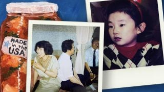 A graphic of a bottle of kimchi next to two Polaroid pictures of a young girl and young man and woman