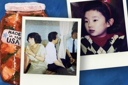 A graphic of a bottle of kimchi next to two Polaroid pictures of a young girl and young man and woman