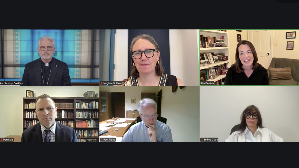 A group of six people listen and talk on Zoom