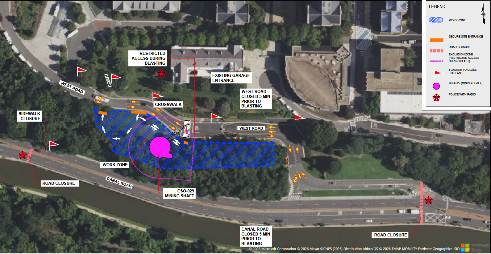 Map outlining the blasting work being done on Georgetown's campus near Canal Road.