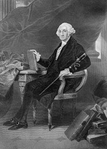 A black-and-white engraving of George Washington