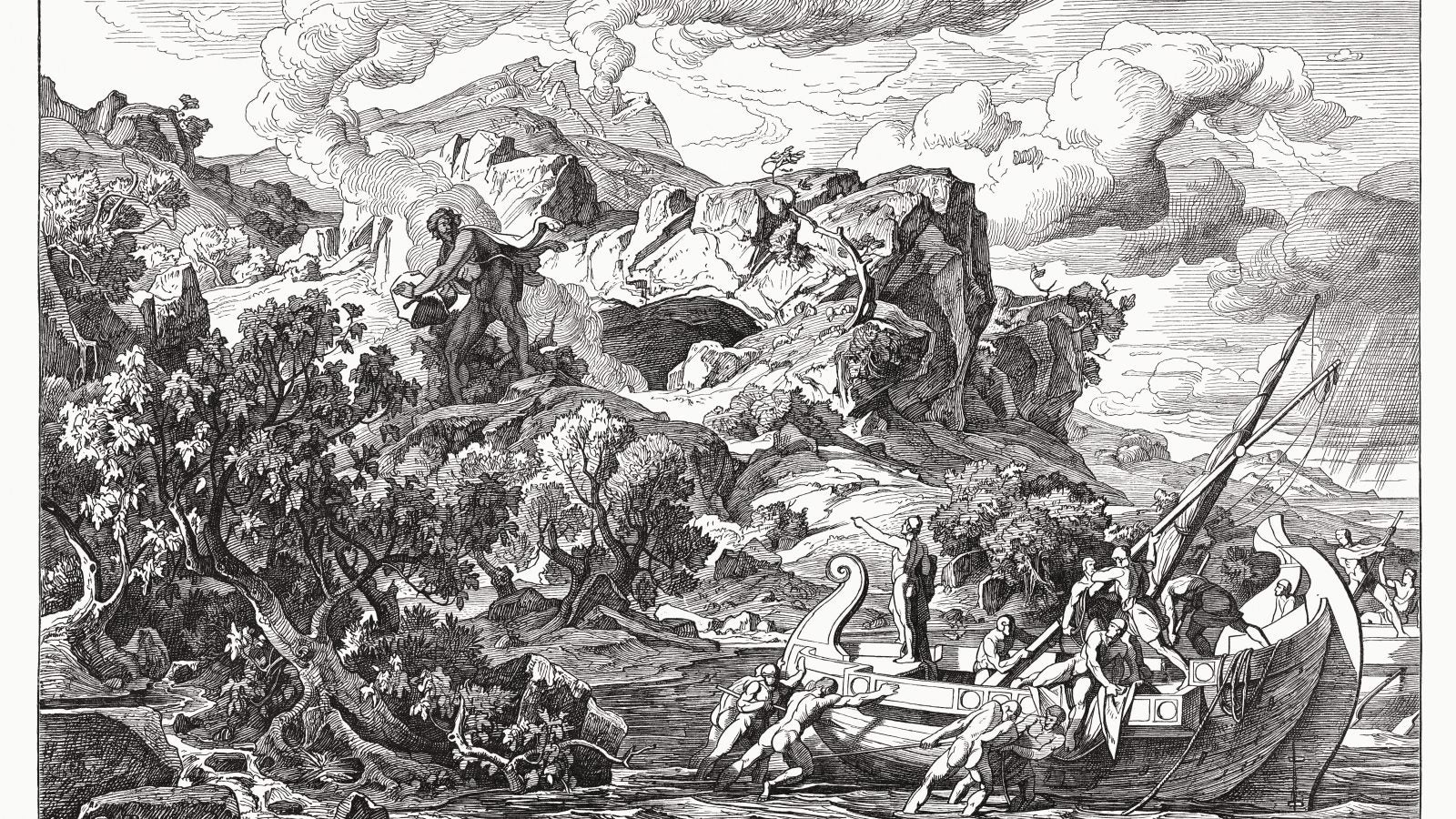 Ulysses Departing from the Land of the Cyclops. Scene from Homer's Odyssey (IX, 411 - 490). Wood engraving according a wall painting (1863/64) by Friedrich Preller (German painter, 1804 - 1878) in the Museum Weimar (destroyed in WW2), publshed in 1881.