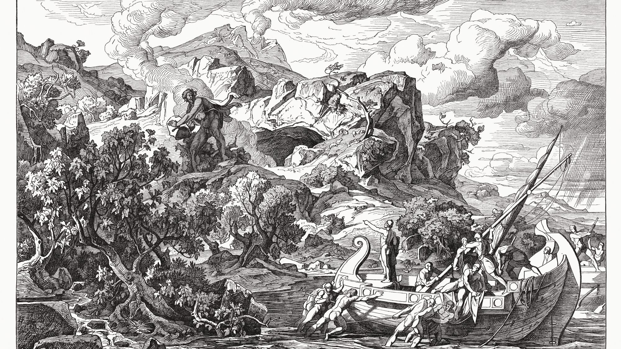 Ulysses Departing from the Land of the Cyclops. Scene from Homer's Odyssey (IX, 411 - 490). Wood engraving according a wall painting (1863/64) by Friedrich Preller (German painter, 1804 - 1878) in the Museum Weimar (destroyed in WW2), publshed in 1881.