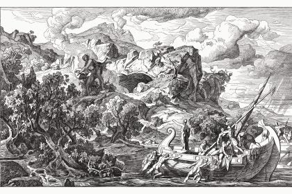 Ulysses Departing from the Land of the Cyclops. Scene from Homer's Odyssey (IX, 411 - 490). Wood engraving according a wall painting (1863/64) by Friedrich Preller (German painter, 1804 - 1878) in the Museum Weimar (destroyed in WW2), publshed in 1881.
