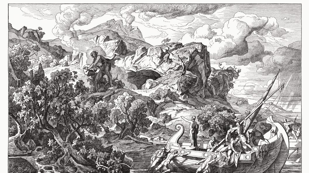 Ulysses Departing from the Land of the Cyclops. Scene from Homer's Odyssey (IX, 411 - 490). Wood engraving according a wall painting (1863/64) by Friedrich Preller (German painter, 1804 - 1878) in the Museum Weimar (destroyed in WW2), publshed in 1881.