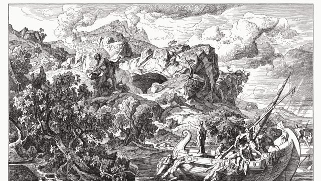 Ulysses Departing from the Land of the Cyclops. Scene from Homer's Odyssey (IX, 411 - 490). Wood engraving according a wall painting (1863/64) by Friedrich Preller (German painter, 1804 - 1878) in the Museum Weimar (destroyed in WW2), publshed in 1881.