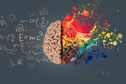 Left right human brain concept. Creative part and logical part with social and business part. Creative art brain explodes with paint splatter. Mathematical successful mindset with formulas.