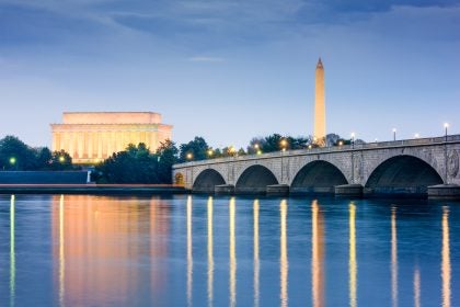 Monuments over a river with a bridge