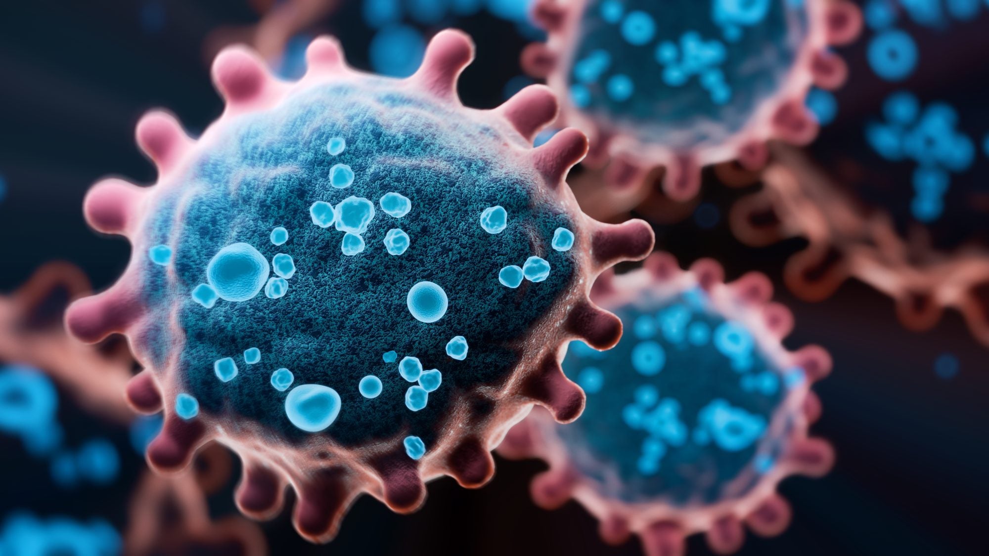 Detailed 3D illustration of an engineered microorganism or virus with visible inner structure and receptors. Ideal for concepts of targeted oncology treatment, cell biology, artificial intelligence in pharmacy, immunotherapy, and futuristic medical technology.