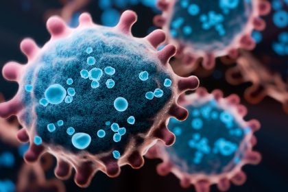Detailed 3D illustration of an engineered microorganism or virus with visible inner structure and receptors. Ideal for concepts of targeted oncology treatment, cell biology, artificial intelligence in pharmacy, immunotherapy, and futuristic medical technology.