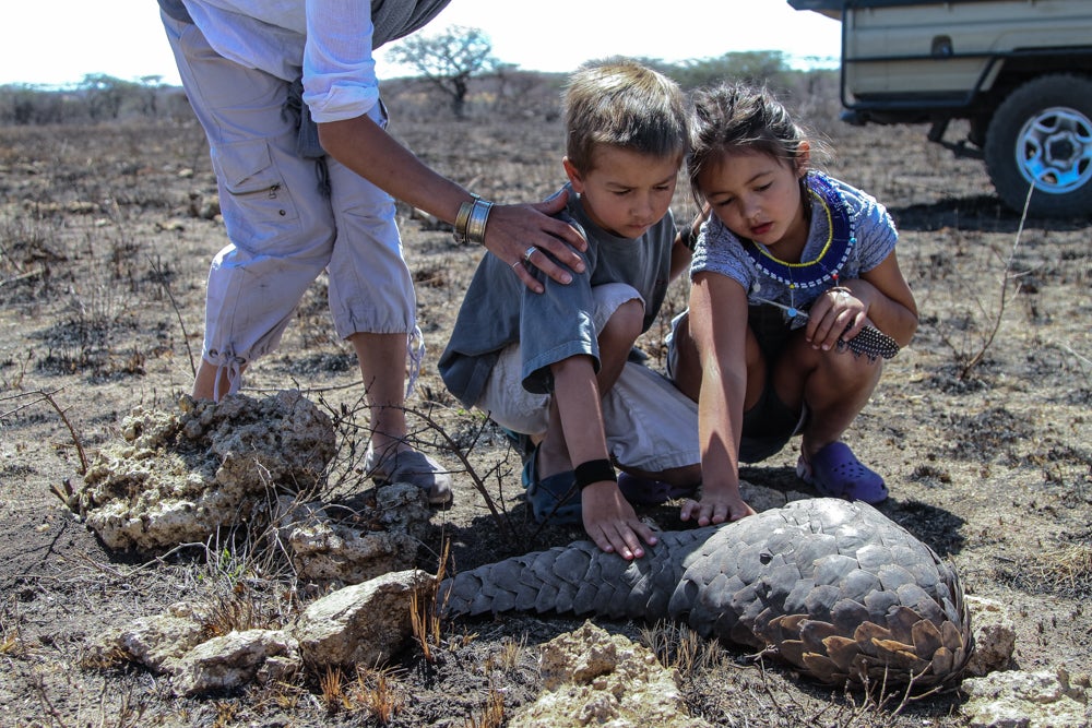 Little boy and gril pet a scaly animal at a safari