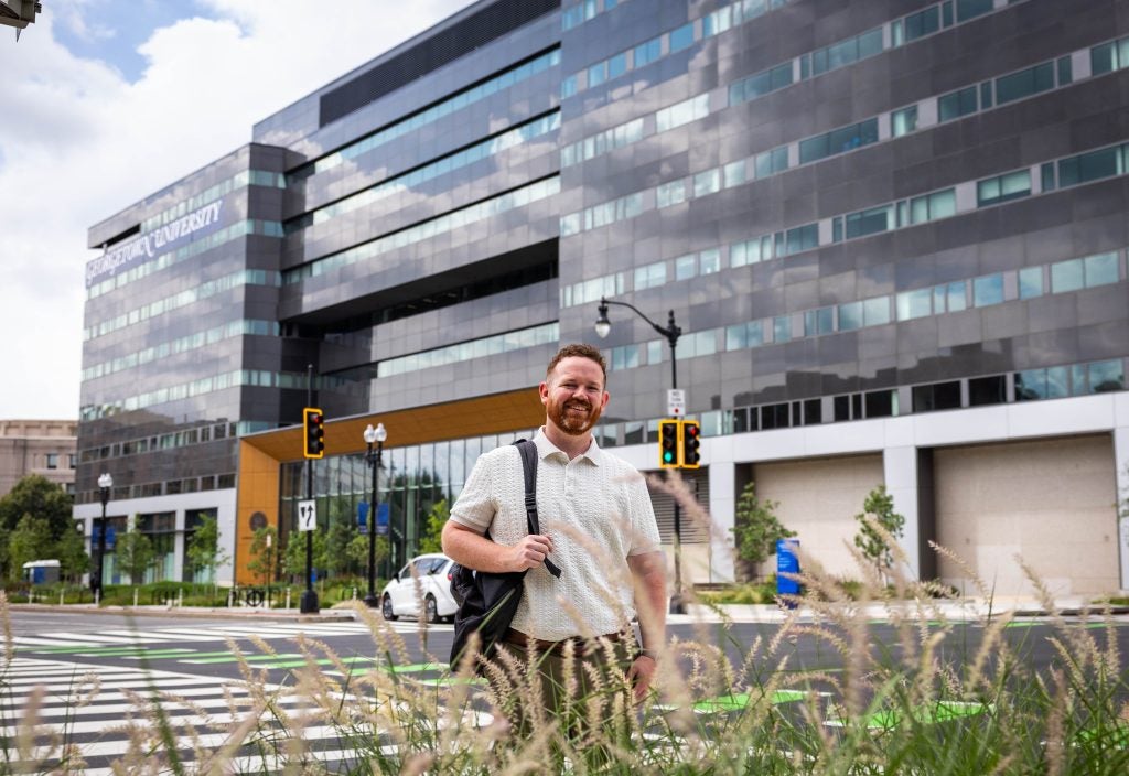 Man with a backpack outside