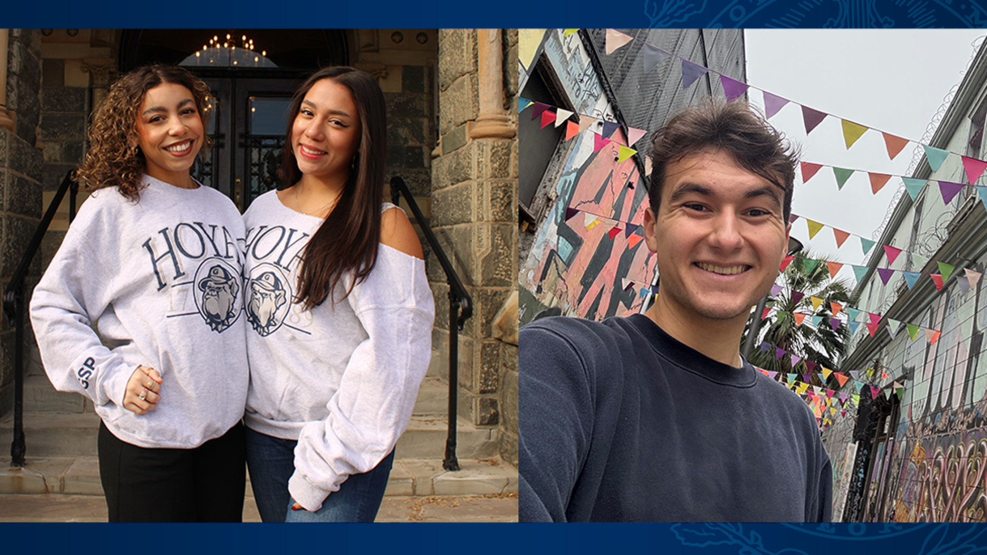 Two young women in white sweatshirts and a young man in a blue shirt