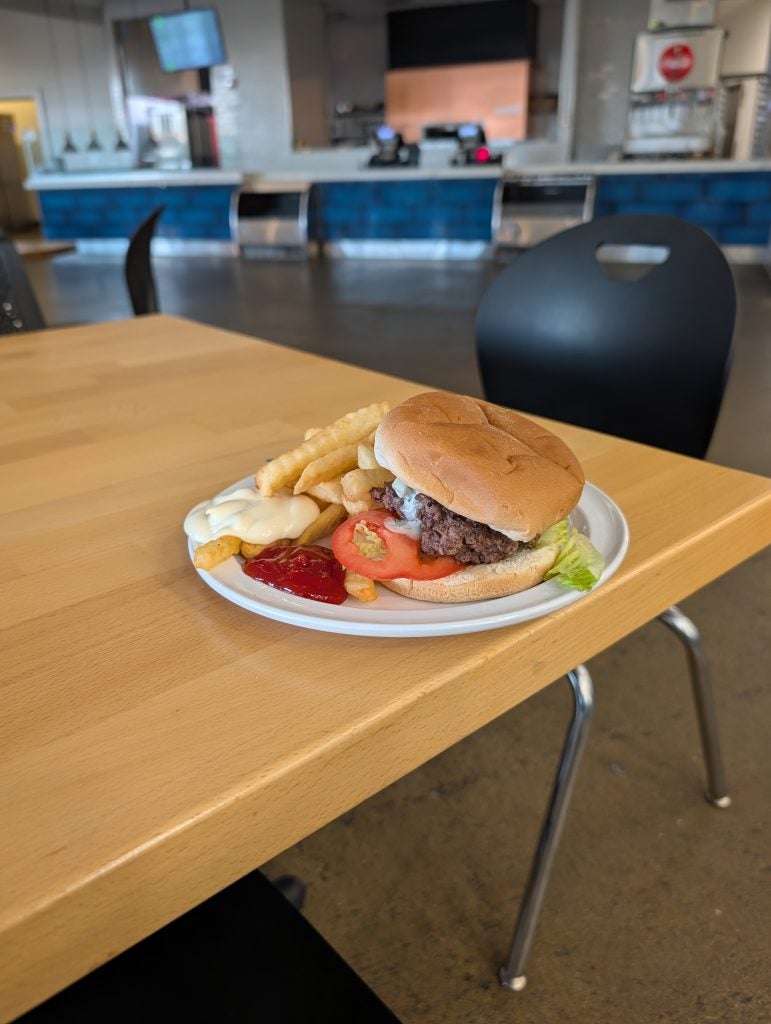 A cheeseburger on a plate with fries and ketchup