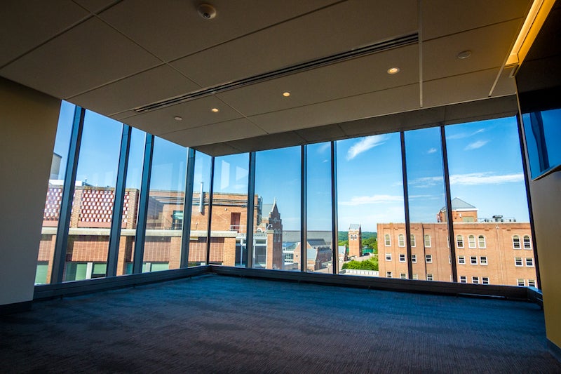 A photo of the 7th floor common room in Pedro Arrupe, S.J. Hall.