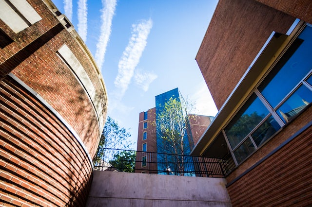 A photo of the view of Pedro Arrupe, S.J. Hall from Tondorf Road.