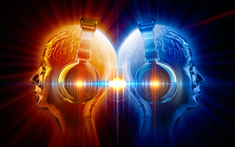 Graphic of a head in orange and a head in blue with headphones on
