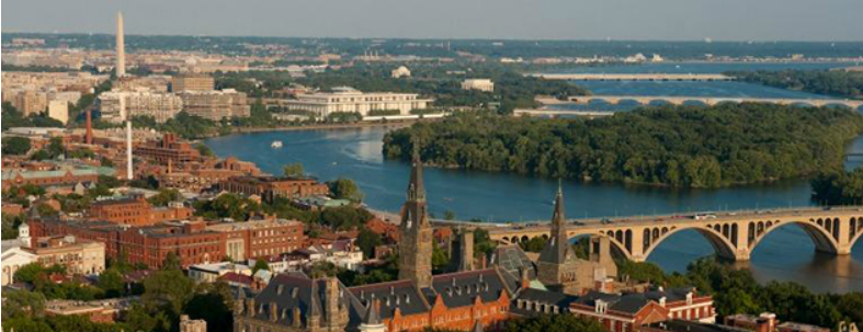 An aerial view of campus and the surrounding D.C. area.