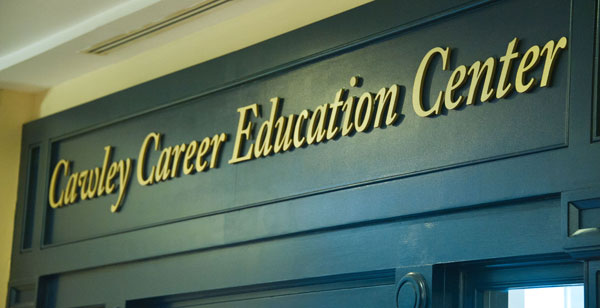 A closeup of the Cawley Career Center Sign. 