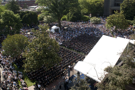View of seated graduates from top of Healy Hall