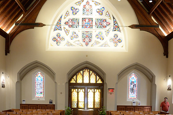 A photo of the renovated interior of Dahlgren Chapel. 