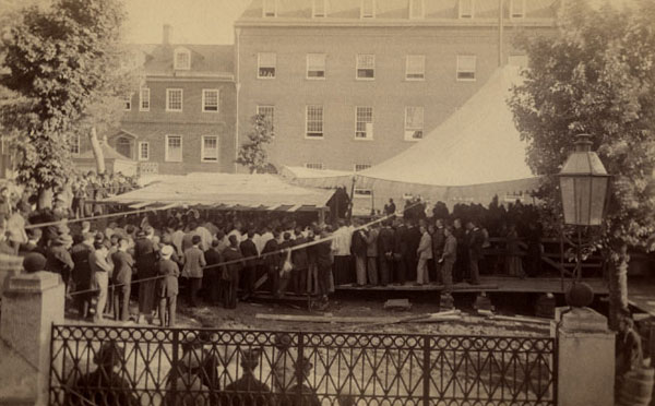 An old  photo of the university laying the chapel's cornerstone on May 19, 1892. 