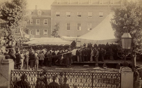 An old  photo of the university laying the chapel's cornerstone on May 19, 1892. 