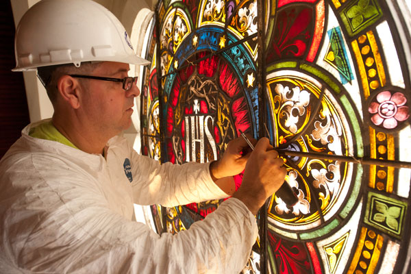 A closeup of Dahlgren Chapel’s 120-year-old stained-glass windows.