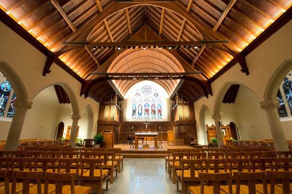 A photo of the renovated interior of Dahlgren Chapel. 