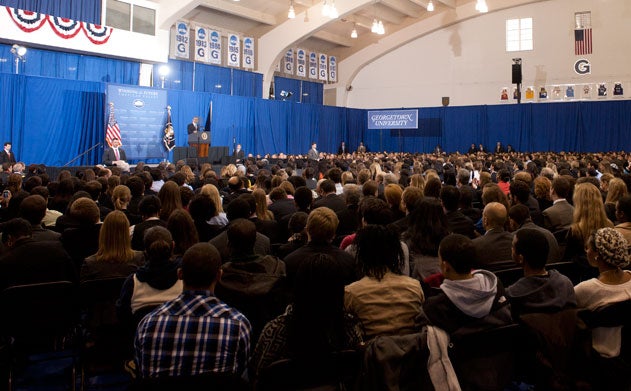 President Obama speaks to a crowd of more than 1,000 people at McDonough Arena.