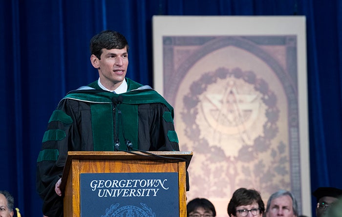 David Fajgenbaum speaks during Senior Convocation